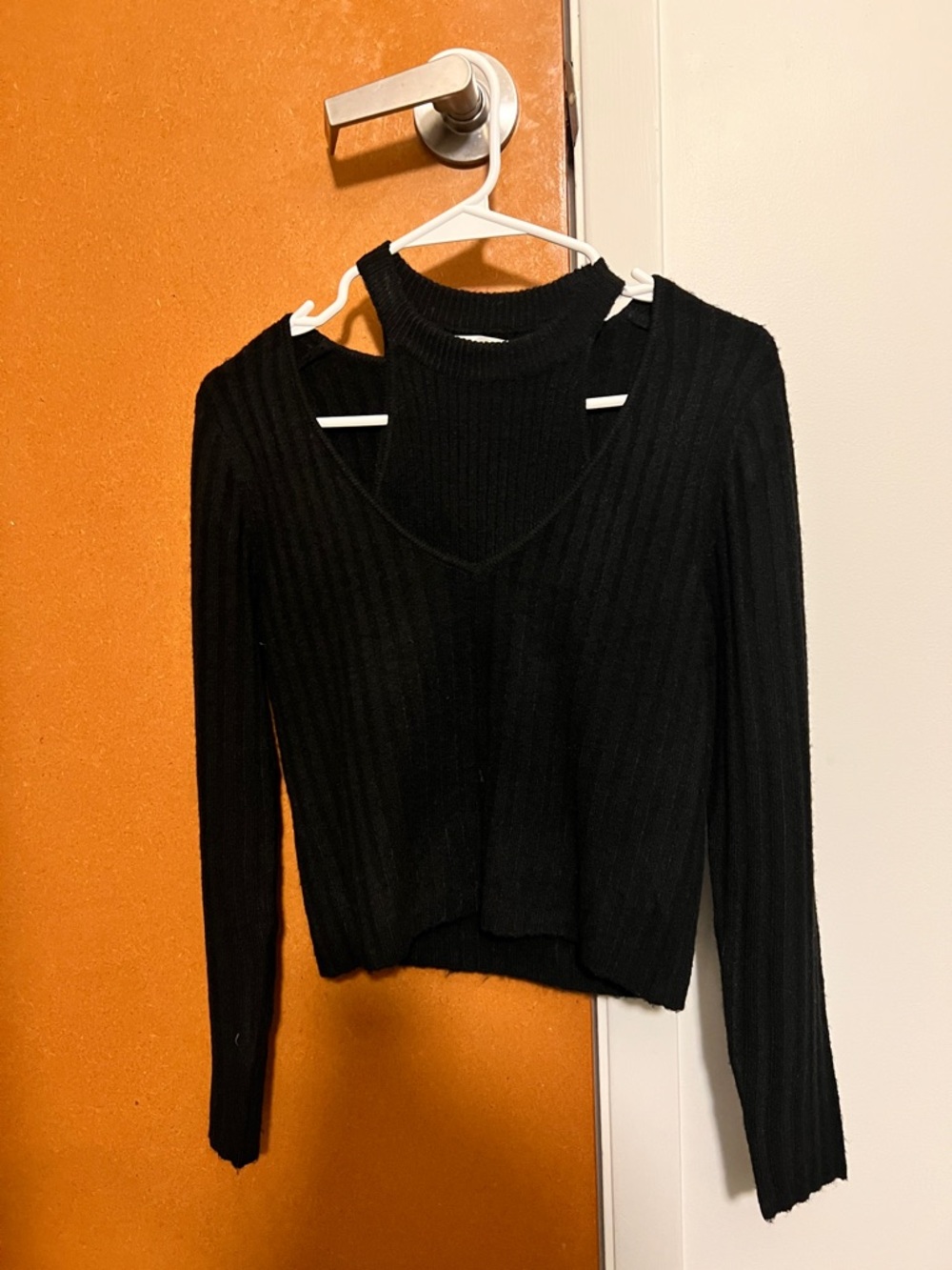 Oak Fort Black Ribbed Cutout Mock Neck Women's Top